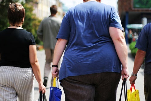 Mujer obesa caminando con las compras